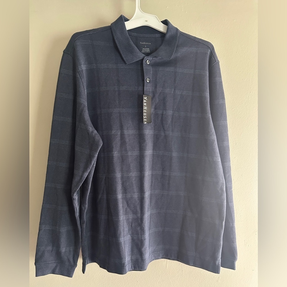 Men’s Van Heusen Polo Shirt Blue Plaid Long Sleeve Golf Preppy NWT